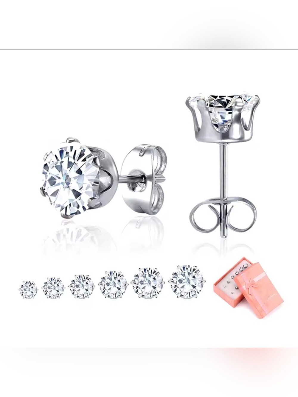Stainless Steel Anti-allergy Earrings Cubic Zirconia,  WhiteNSilver,  6-pair box